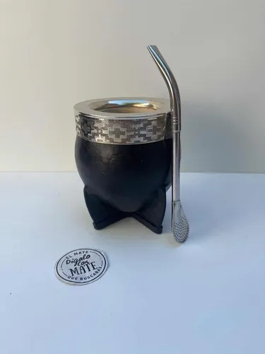mate Imperial - boca ancha - guarda de alpaca - cuero negro - calabaza - tamaño surtido