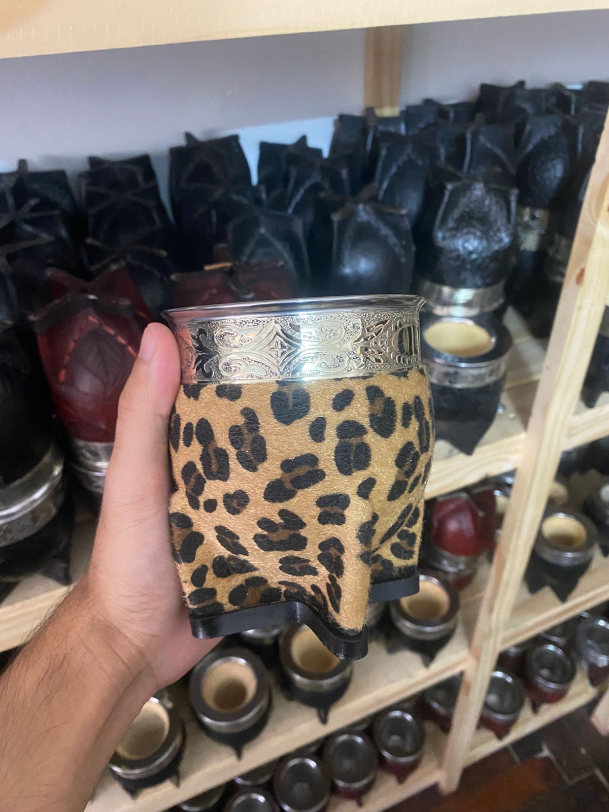 mate imperial - cuero animal print - guarda de alpaca - 100% calabaza GRUESA - tamaño mediano