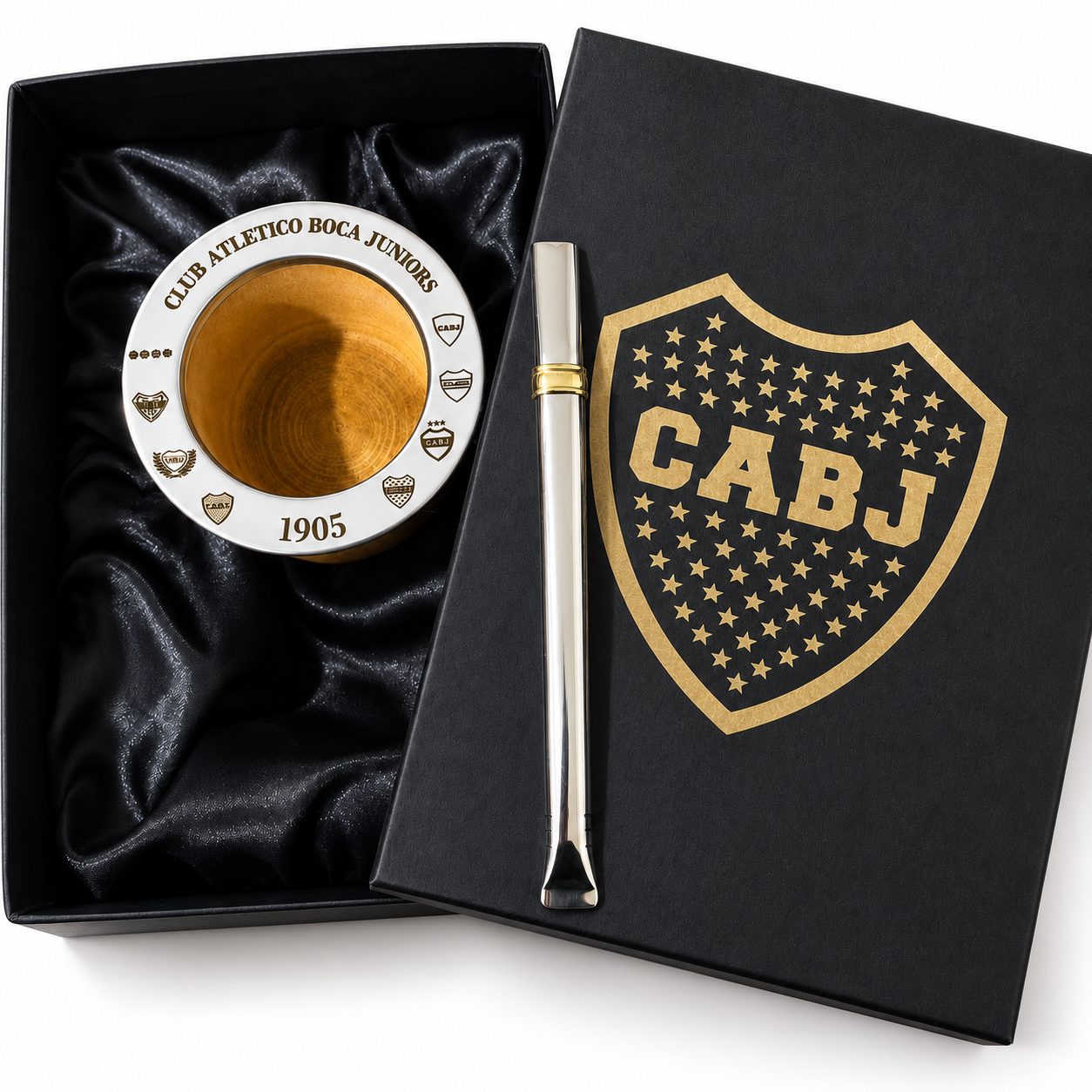 BOX BOCA JUNIORS: CAJA PRESENTACION + CAMIONERO ALGARROBO BRILLOSO LAQUEADO + BOMBILLA CHATA