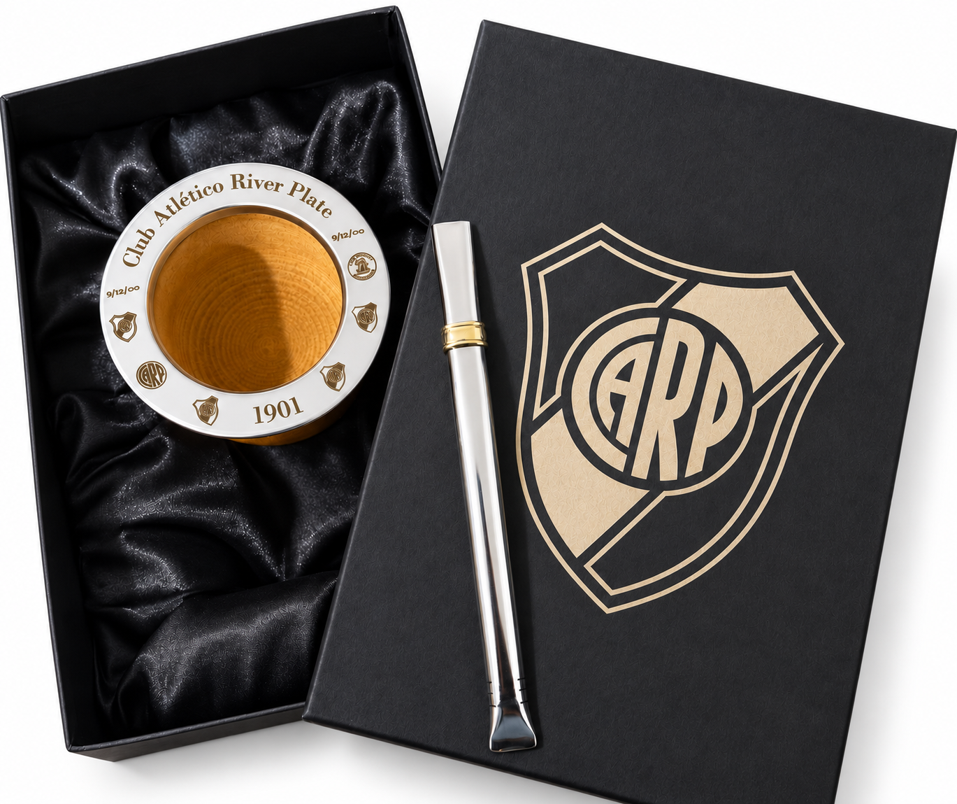 BOX RIVER PLATE: CAJA PRESENTACION + CAMIONERO ALGARROBO BRILLOSO LAQUEADO + BOMBILLA CHATA