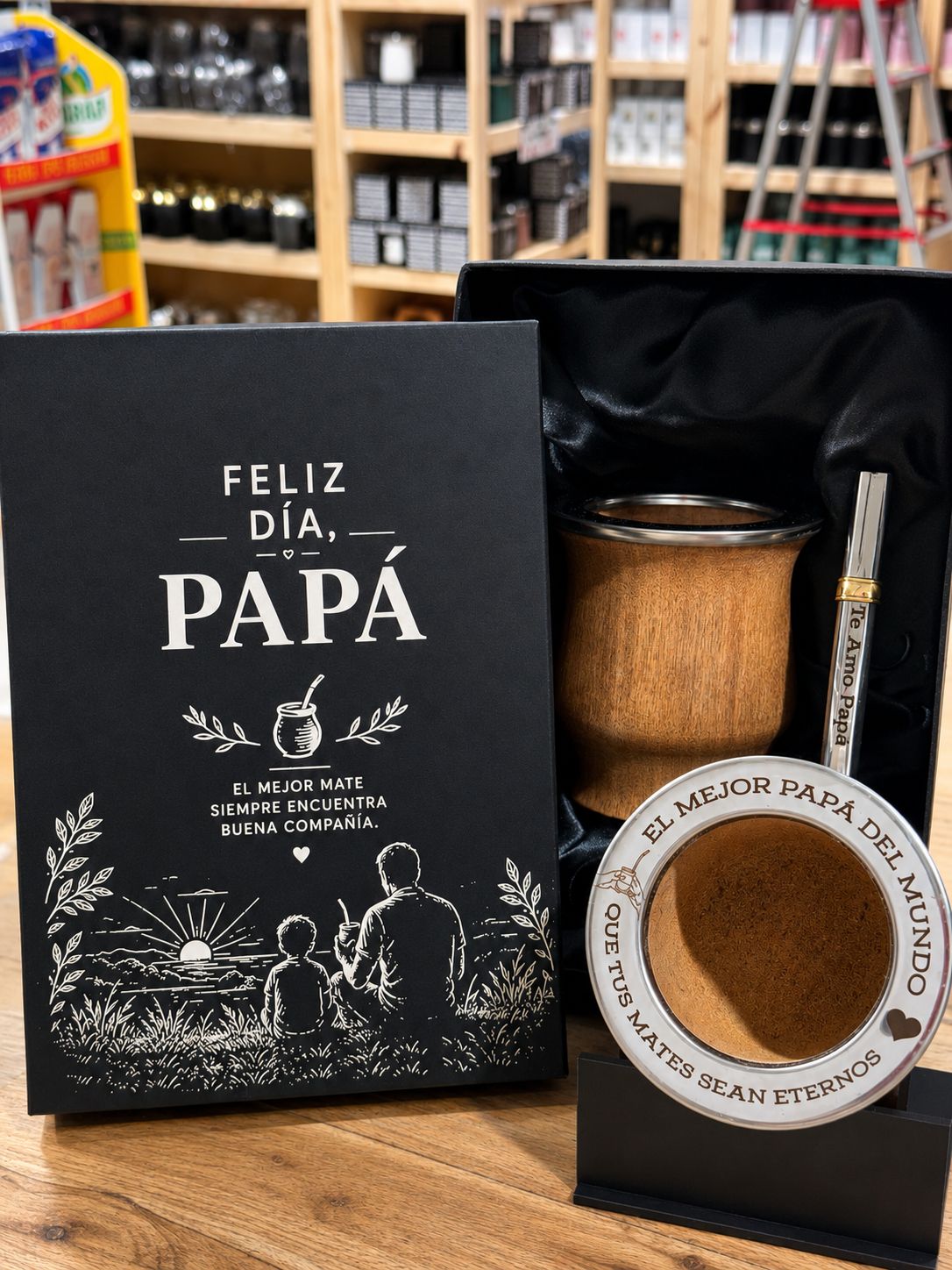 COMBO DÍA DEL PADRE - CAJA PRESENTACIÓN, CAMIONERO Y BOMBILLA CHATA TODO GRABADO