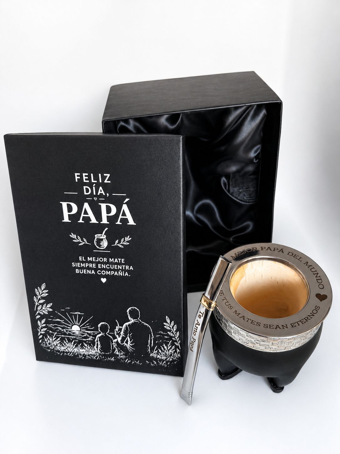 BOX DIA DEL PADRE CON IMPERIAL DE ALPACA GRABADO "EL MEJOR PAPA DEL MUNDO" + CAJA GRABADA + BOMBILLA GRABADA