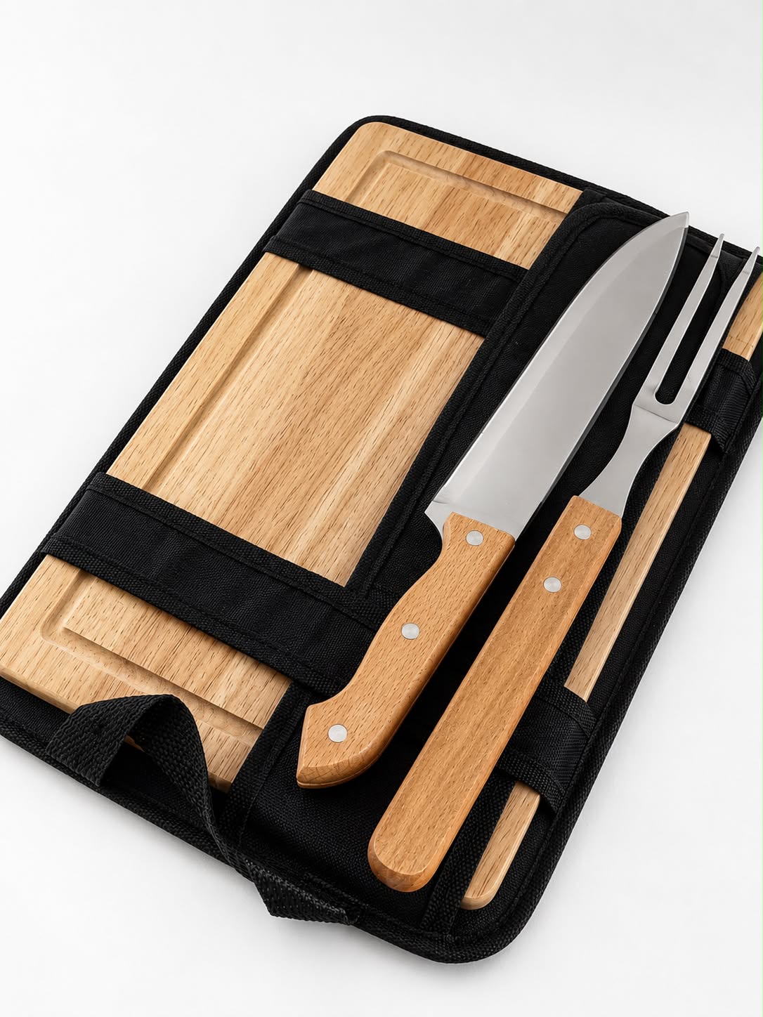 KIT PARRILLERO Premium: Tabla Cuadrada + cuchillo + tenedor trinchante + estuche portátil