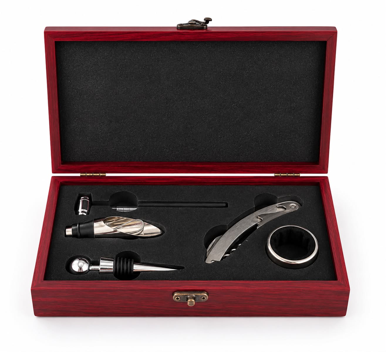 Estuche Sommelier CON ACCESORIOS DE VINO - CAJA DE MADERA PRESENTACIÓN BORRAVINO (7 PIEZAS)
