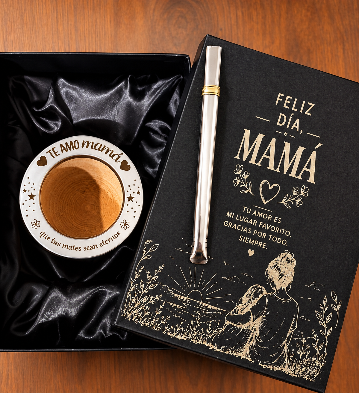 BOX DIA DE LA MADRE: CAJA PRESENTACION + CAMIONERO ALGARROBO BRILLOSO LAQUEADO + BOMBILLA CHATA