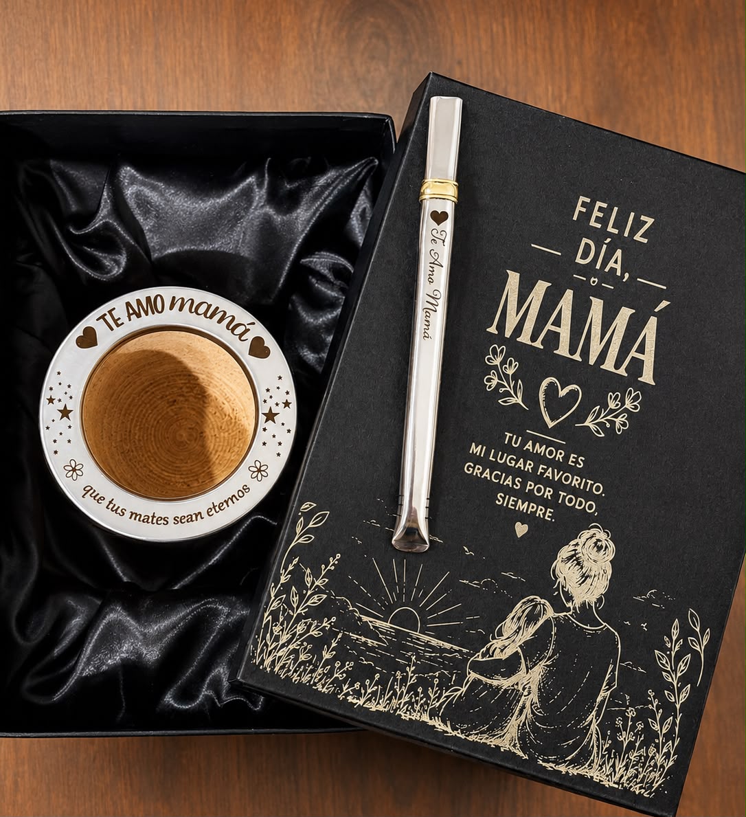 BOX DIA DE LA MADRE: CAJA PRESENTACION + CAMIONERO ALGARROBO BRILLOSO LAQUEADO + BOMBILLA CHATA