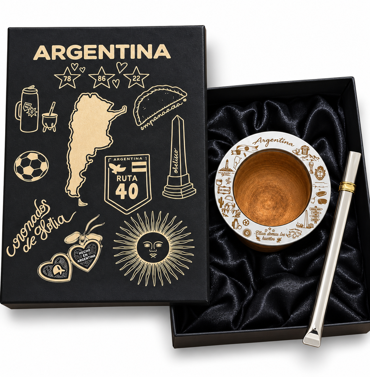 BOX ARGENTINA CULTURA: CAJA PRESENTACION + CAMIONERO ALGARROBO BRILLOSO LAQUEADO + BOMBILLA CHATA