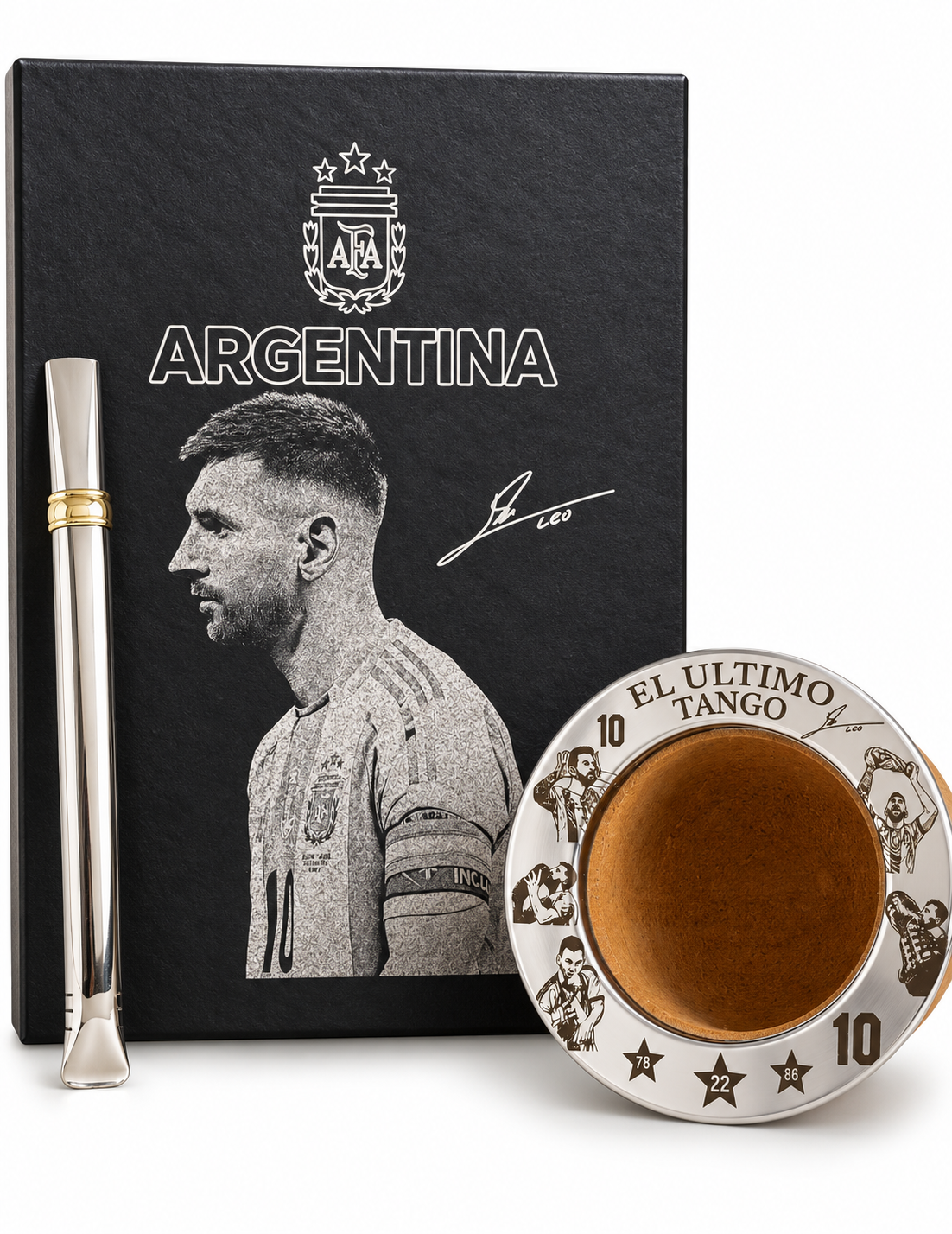 BOX MESSI FOTO GRABADO: CAJA PRESENTACION + CAMIONERO ALGARROBO BRILLOSO LAQUEADO + BOMBILLA CHATA
