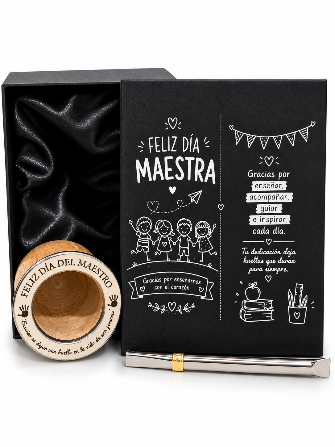 BOX FELIZ DIA MAESTRA: CAJA PRESENTACIÓN GRABADA , CAMIONERO LAQUEADO BRILLOSO GRABADO Y BOMBILLA CHATA
