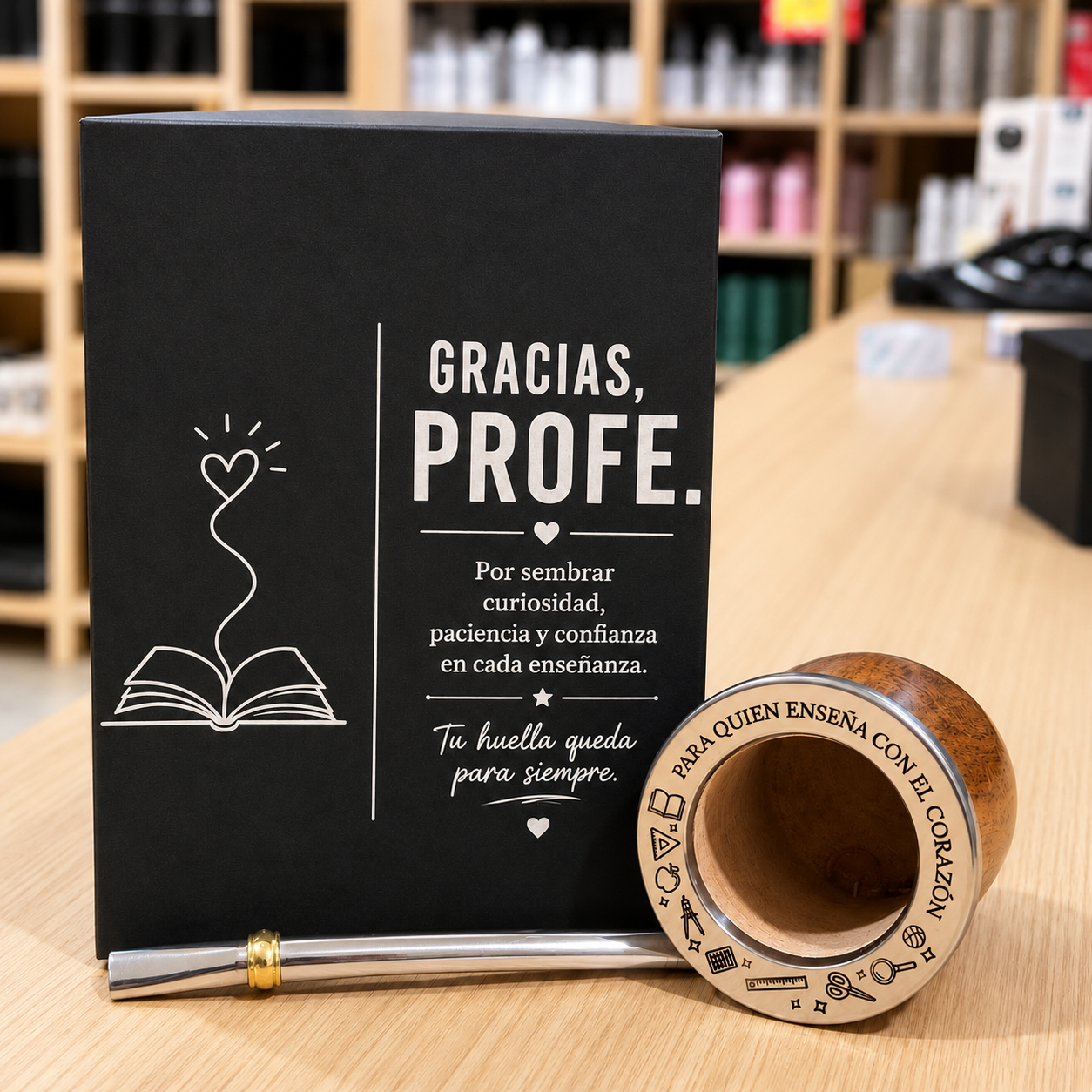 BOX DIA DEL PROFESOR: CAJA PRESENTACIÓN, CAMIONERO LAQUEADO BRILLOSO Y BOMBILLA CHATA [TODO GRABADO]