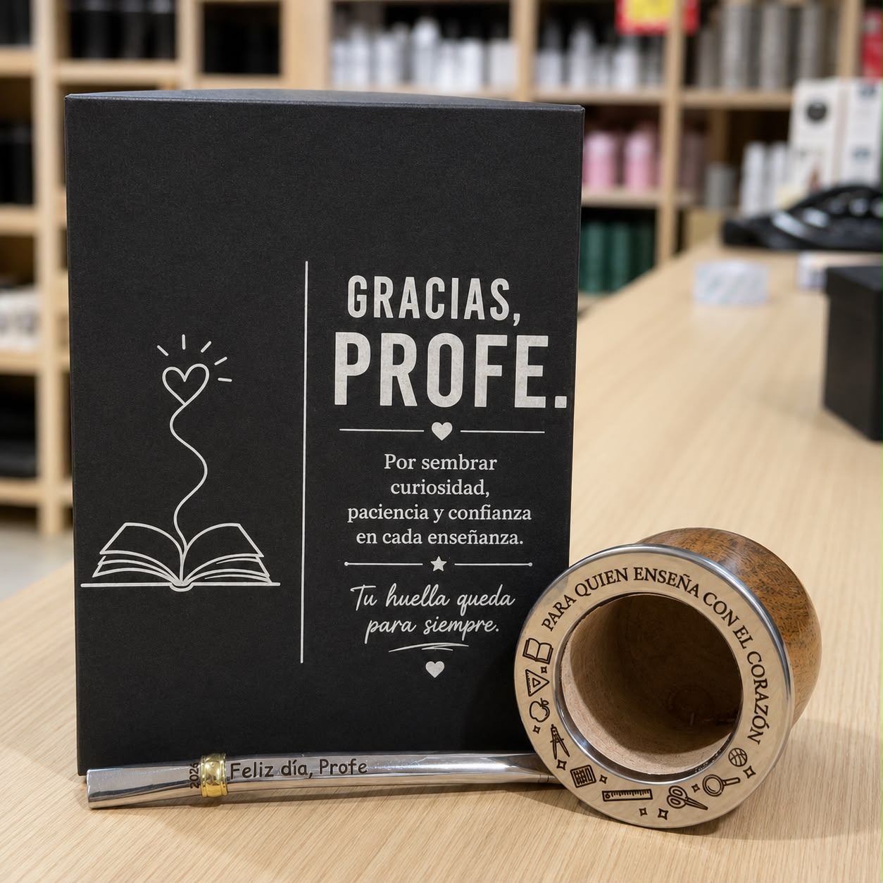 BOX DIA DEL PROFESOR: CAJA PRESENTACIÓN, CAMIONERO LAQUEADO BRILLOSO Y BOMBILLA CHATA [TODO GRABADO]