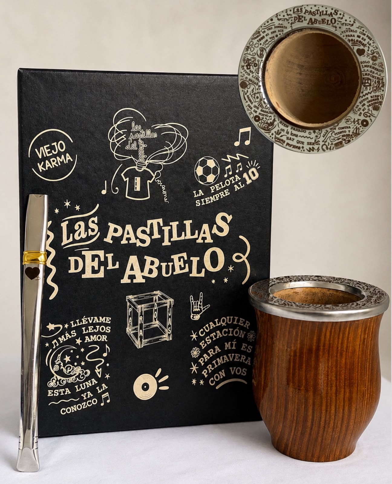 BOX LAS PASTILLAS DEL ABUELO: CAJA PRESENTACIÓN, CAMIONERO LAQUEADO BRILLOSO Y BOMBILLA CHATA [TODO GRABADO]