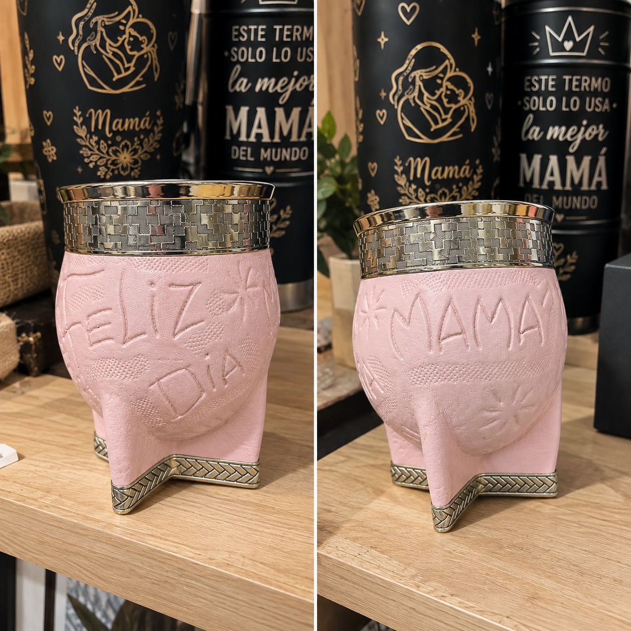 MATE FELIZ DIA MAMA ROSA - CUERO ROSA REPUJADO- INTERIOR CALABAZA- BASE DE ALPACA ANCHA