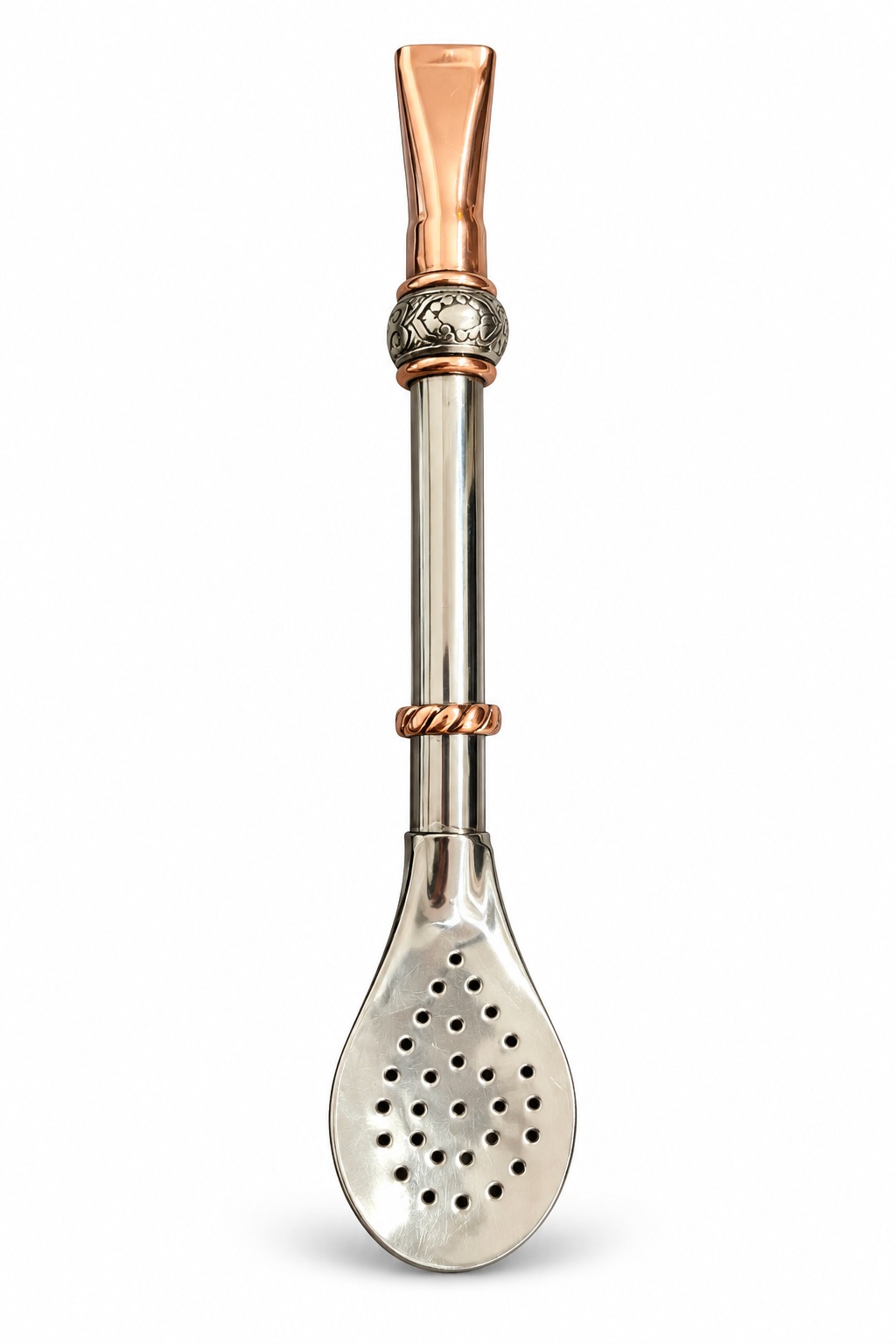 BOMBILLON MINI DE COBRE - CAÑO LISO ALPACA - DOBLE DIJE - PALA URUGUAYA