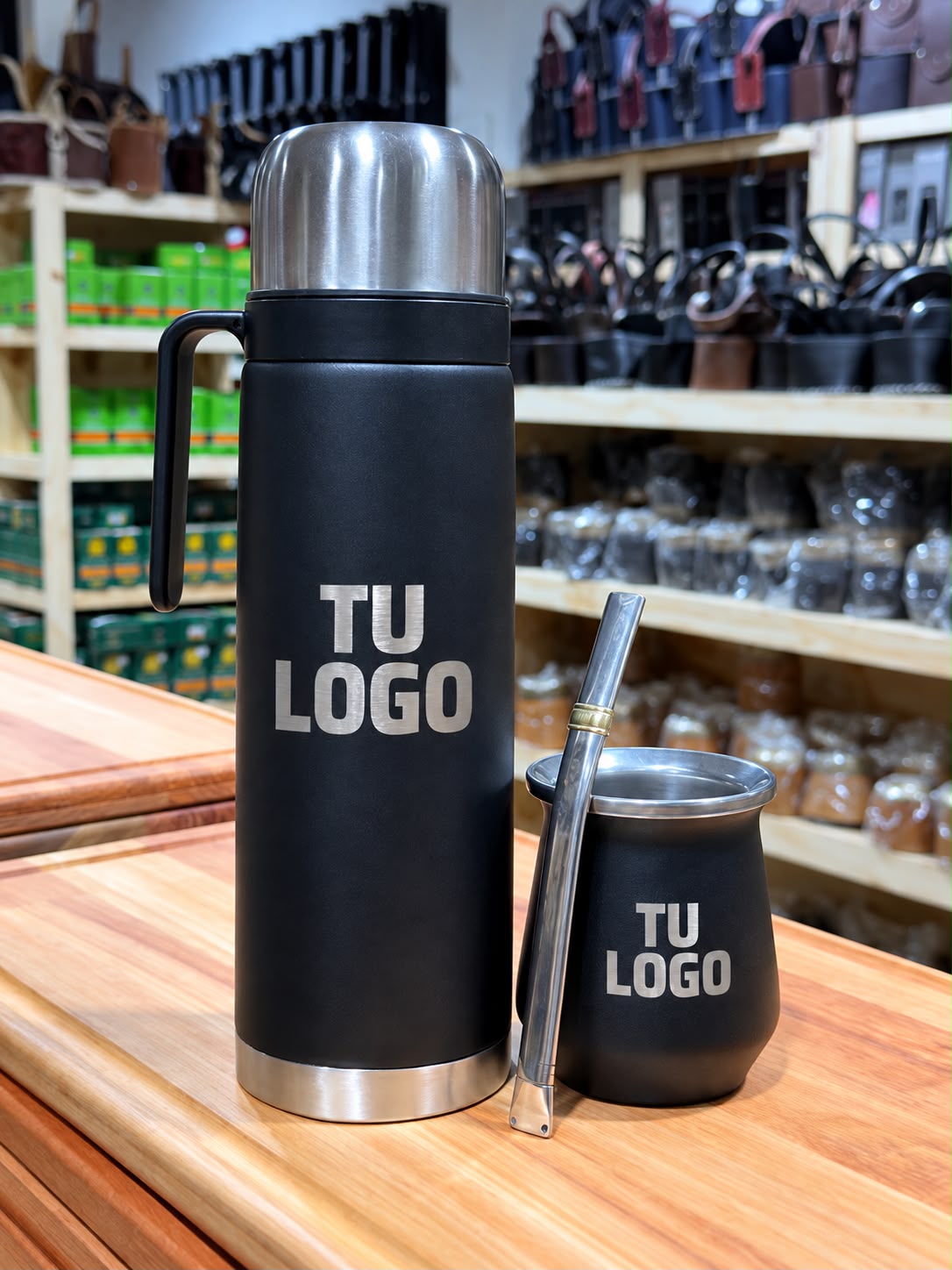 TERMO MEDIA MANIJA + MATE SIMIL + BOMBILLA CHATA (TODO GRABADO CON TU LOGO EMPRESARIAL)
