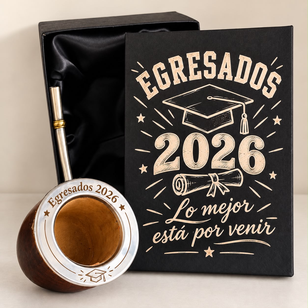 BOX "EGRESADOS" : CAJA PRESENTACION GRABADA, CAMIONERO BRILLOSO GRABADO , BOMBILLA CHATA